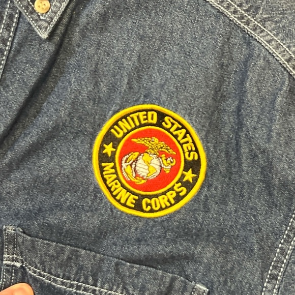 Vintage Long Sleeve Denim Jean Marine Corps Military Patch Shirt - Picture 8 of 10